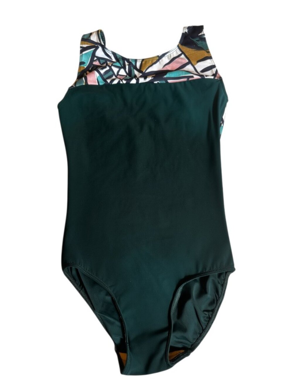 NWOT Eleve Dancewear Dark Green with Geometric Print Leotard Adult Size Small